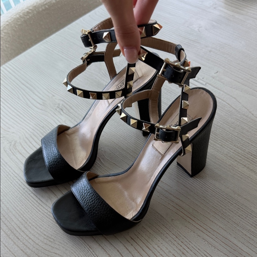 Valentino Black Studded Ankle-Strap Block Heel Sandals